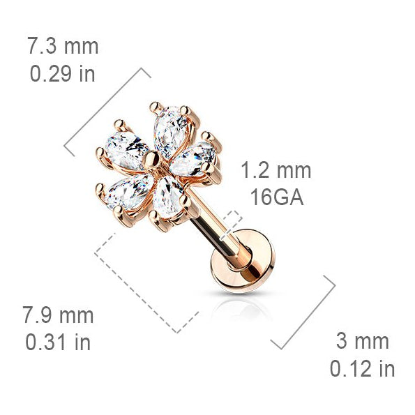 Cherry Diva Flat Back Stud 16 Gauge Flat Back Internally Threaded 5 Petal Flower Stud