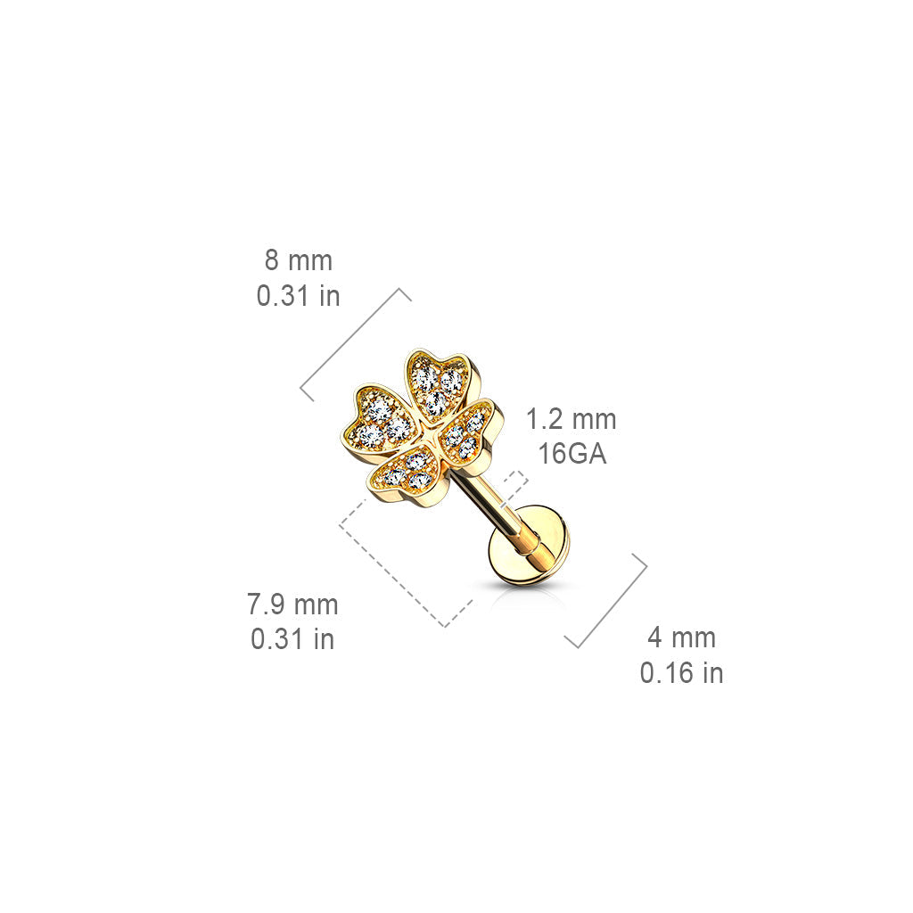 Cherry Diva Stud 16 Gauge Flat Back Internally Threaded Crystal Shamrock Stud
