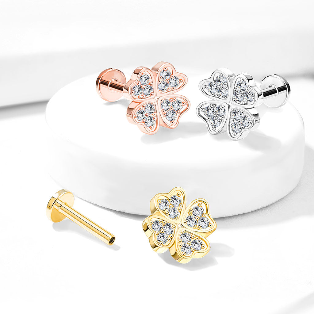 16 Gauge Flat Back Internally Threaded Crystal Shamrock Stud