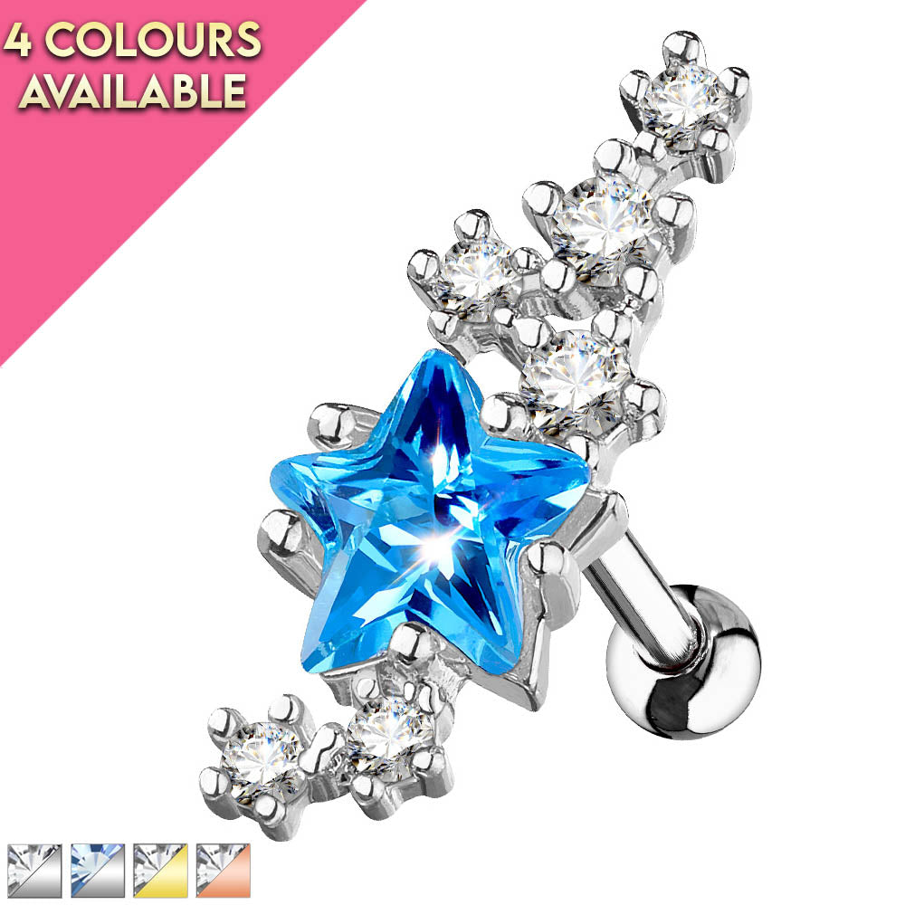 16 Gauge Shooting Stars Crystal Cartilage / Tragus Stud