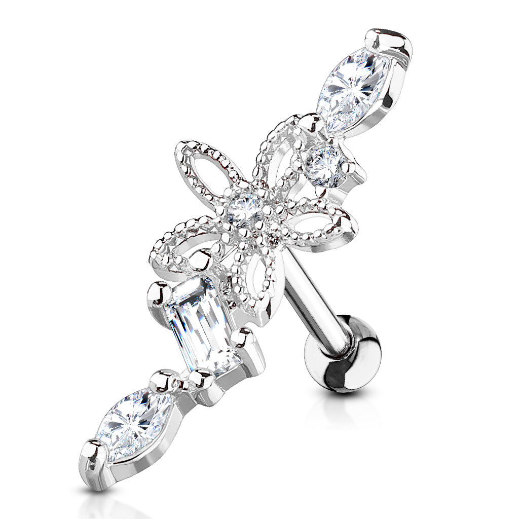 16 Gauge Silver Crystal Flower & Vine Cartilage / Tragus Stud