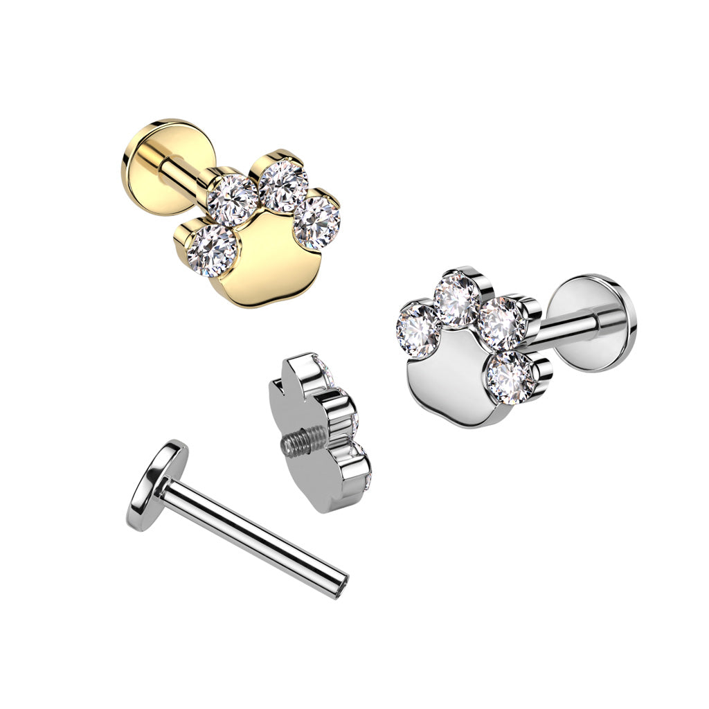 Cherry Diva Flat Back Stud 16 Gauge Titanium Internally Threaded Crystal Paw Stud