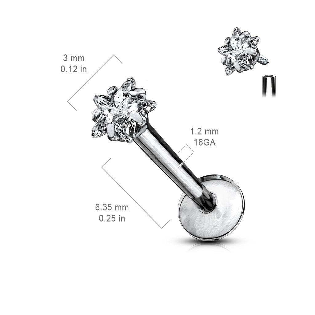 Cherry Diva Flat Back Stud 16 Gauge Titanium Internally Threaded Crystal Star Stud