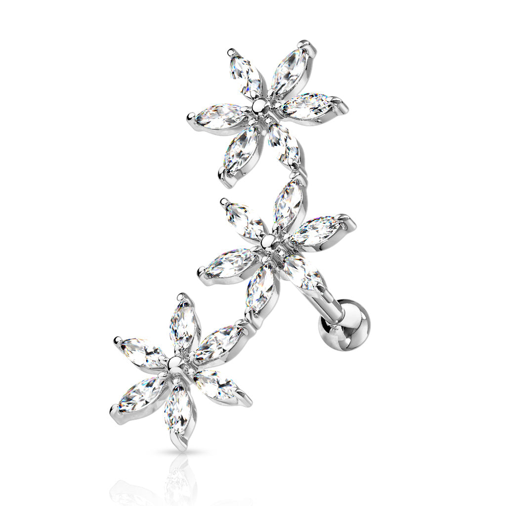 16 Gauge Triple Crystal Flower Cartilage / Tragus Stud