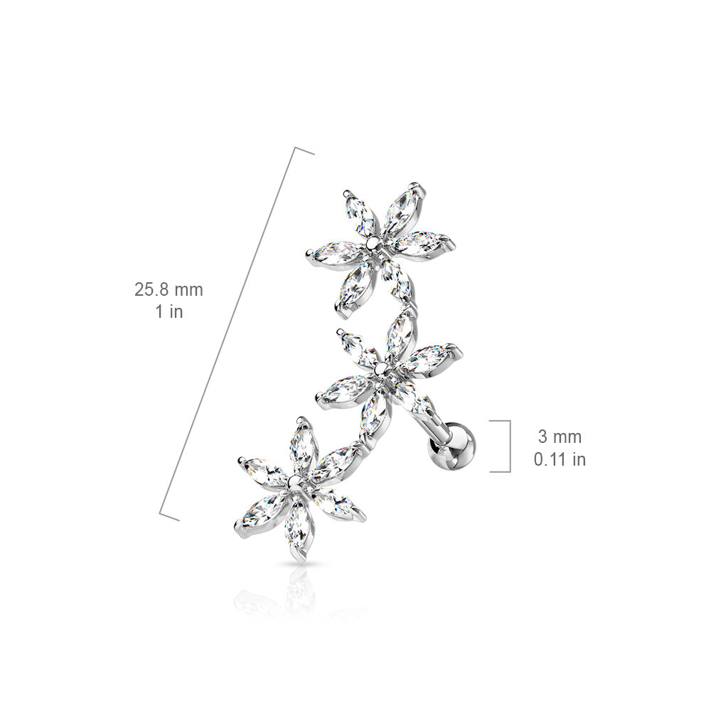 16 Gauge Triple Crystal Flower Cartilage / Tragus Stud