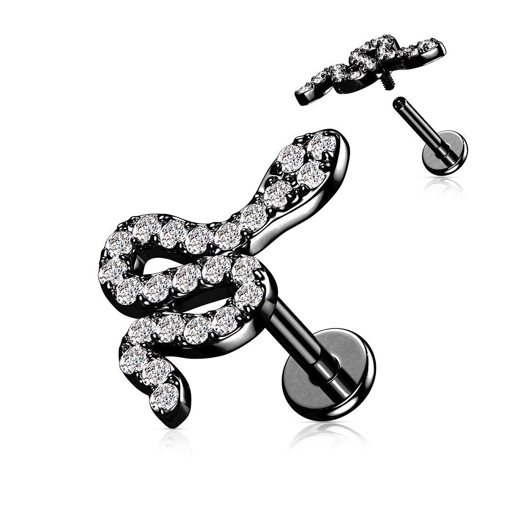 16 Gauge Internally Threaded Crystal Snake Cartilage / Tragus Stud
