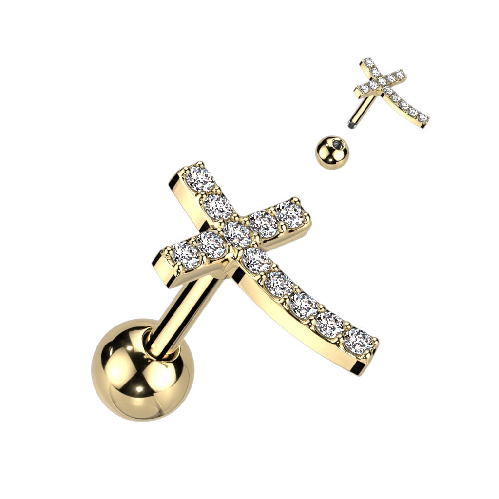 Cherry Diva Stud Gold 16 Gauge Curved Crystal Cross Stud