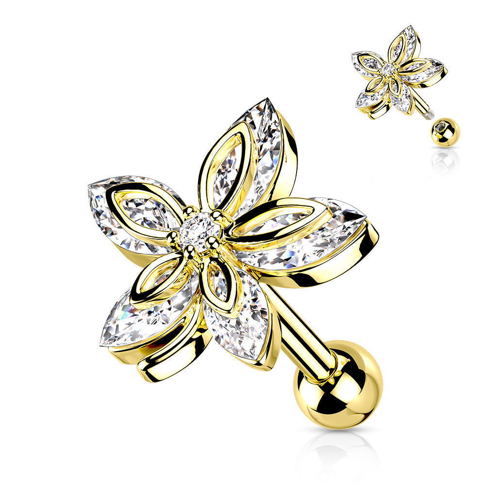 Cherry Diva Stud Gold 16 Gauge Five Petal Crystal  Marquise Flower Cartilage / Tragus Stud
