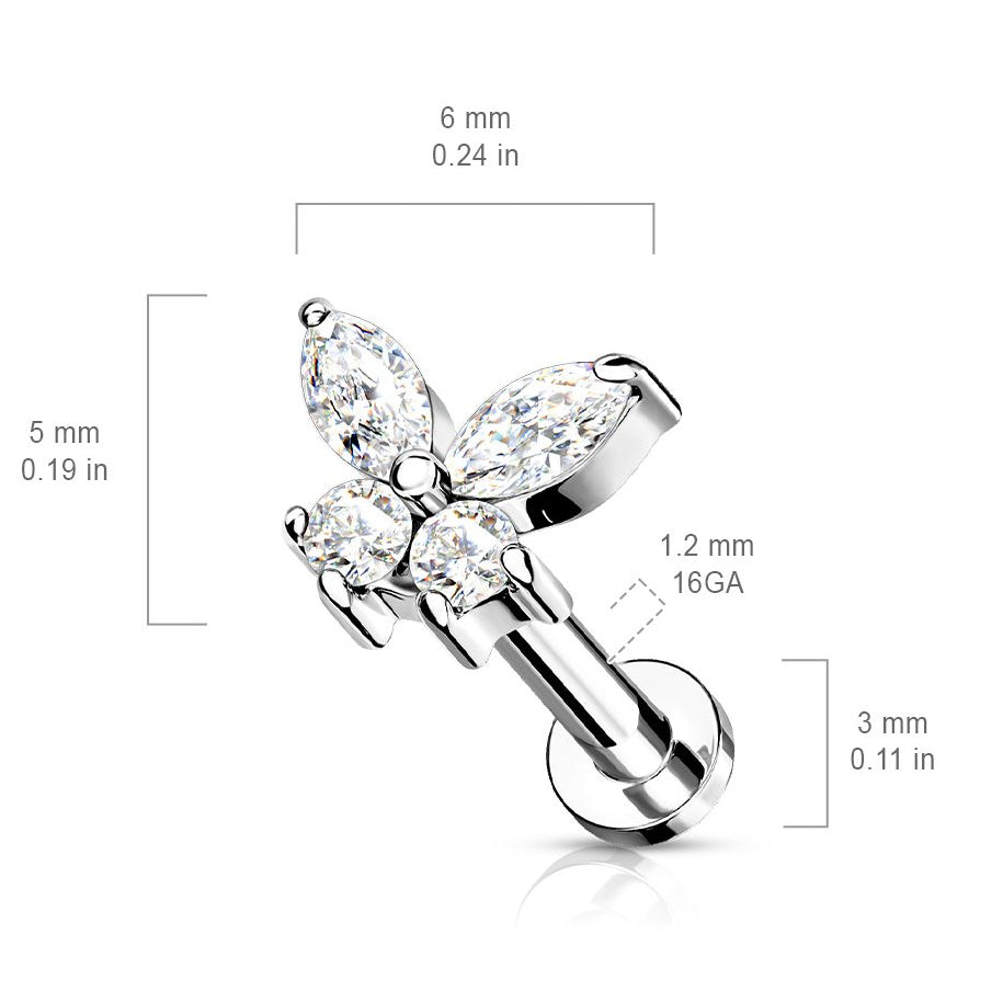 Cherry Diva Flat Back Stud 16 Gauge Internally Threaded Flat Back Crystal Butterfly Stud
