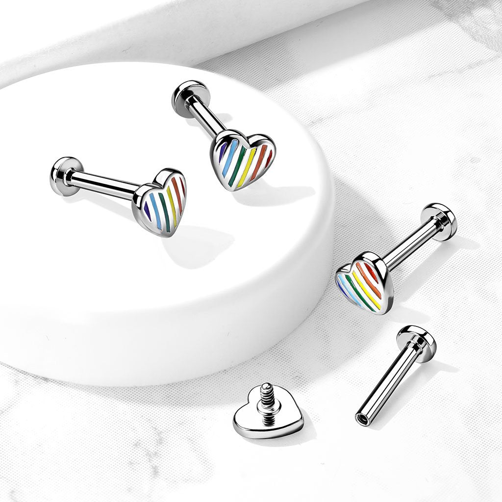 Internally Threaded Flat Back Rainbow Heart Stud