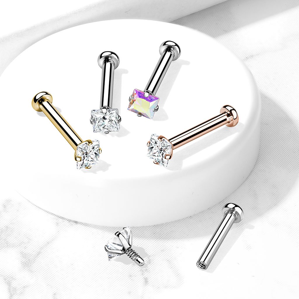 Prong Set Crystal Square Cartilage / Tragus Barbell Stud