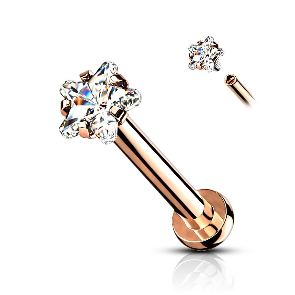 Cherry Diva Flat Back Stud Rose gold 16 Gauge Crystal Star Top Internally Threaded Stud