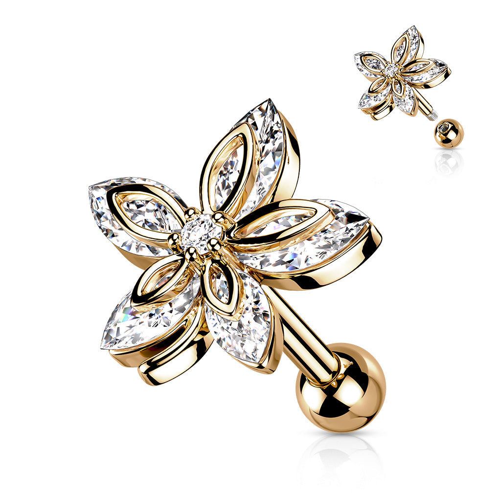 Cherry Diva Stud Rose Gold 16 Gauge Five Petal Crystal  Marquise Flower Cartilage / Tragus Stud