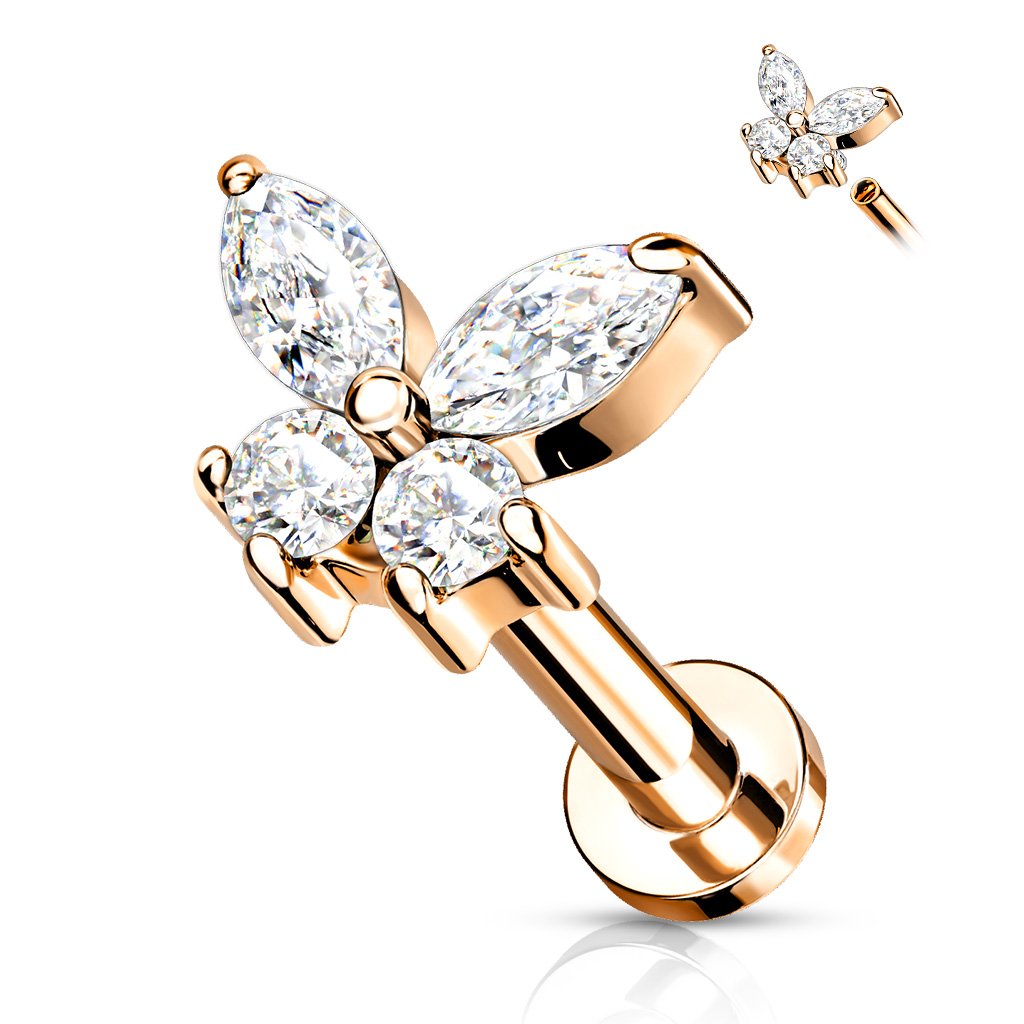 Cherry Diva Flat Back Stud 6MM - ROSE GOLD 16 Gauge Internally Threaded Flat Back Crystal Butterfly Stud
