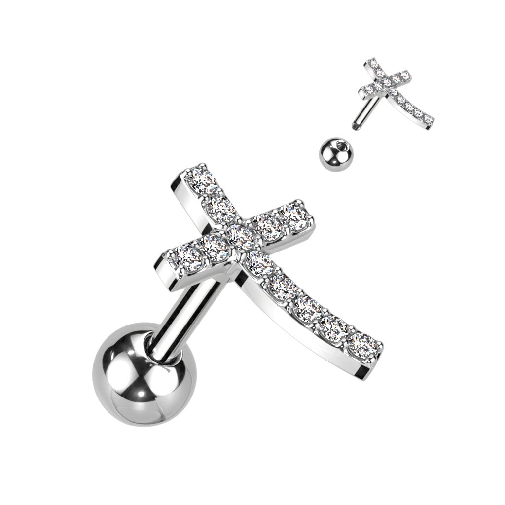 Cherry Diva Stud Silver 16 Gauge Curved Crystal Cross Stud